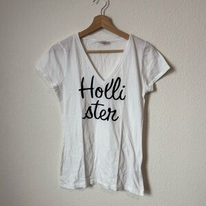 Hollister Women's White V-Neck Tee with Black Script
